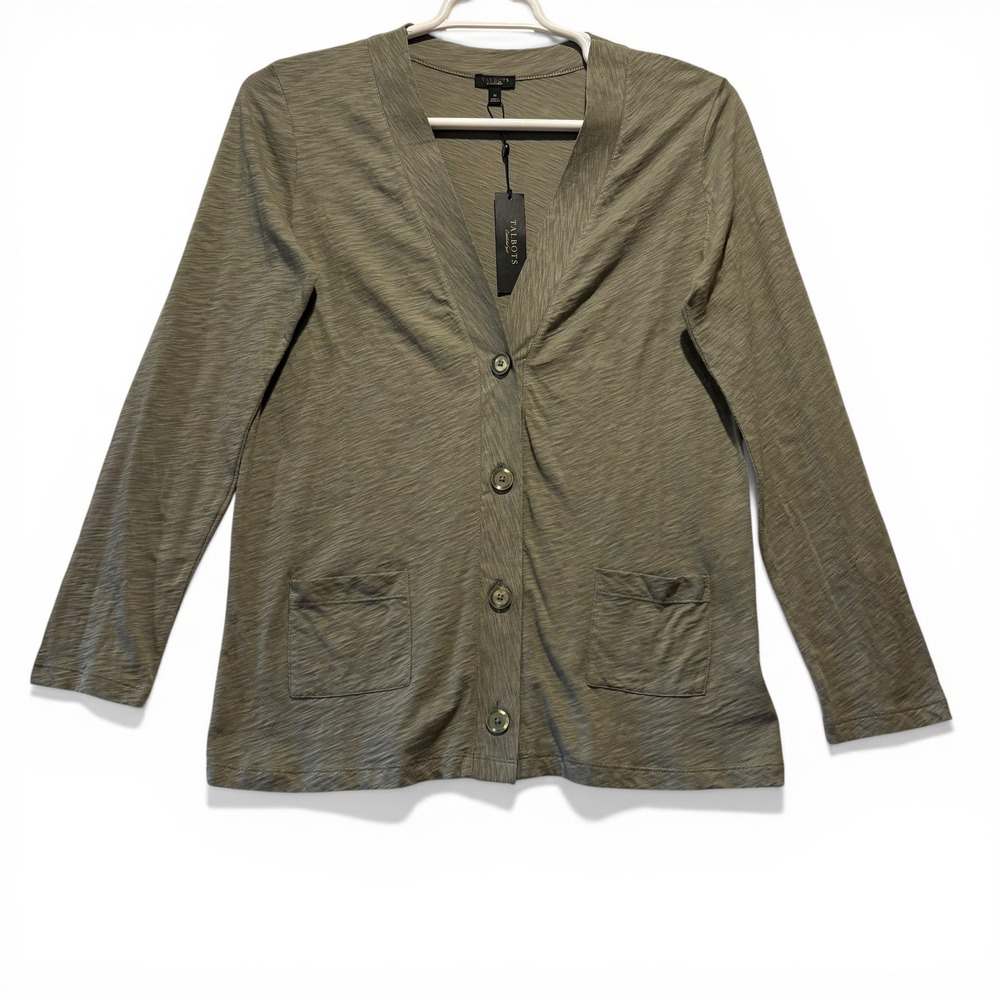 Talbots Womens Olive Green Slub Knit V-Neck Button Front Cardigan Sweater Size M